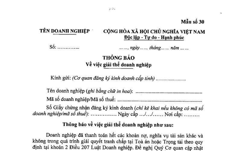 Mẫu số 30 | Thông báo về việc giải thể doanh nghiệp 1 Mẫu Thông báo về việc giải thể doanh nghiệp