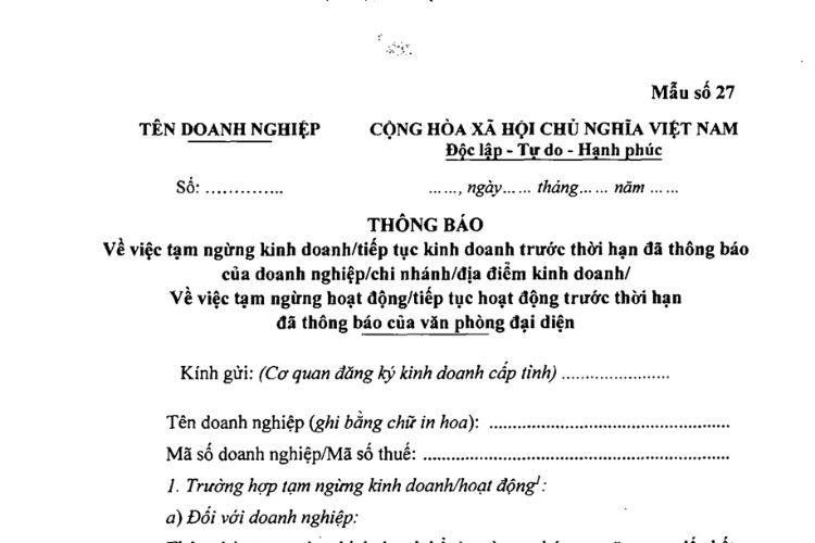 Mẫu số 27 | Thông báo về việc tiếp tục kinh doanh trước thời hạn đã thông báo 1 Mẫu Thông báo về việc tạm ngừng kinh doanh