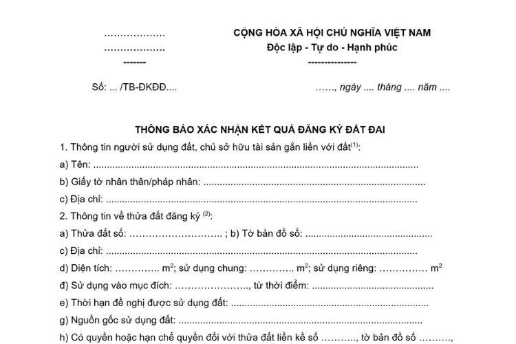 Mẫu Thông báo xác nhận kết quả đăng ký đất đai