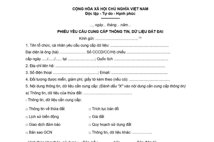 Phiếu yêu cầu cung cấp thông tin, dữ liệu đất đai 1 Phiếu yêu cầu cung cấp thông tin, dữ liệu đất đai