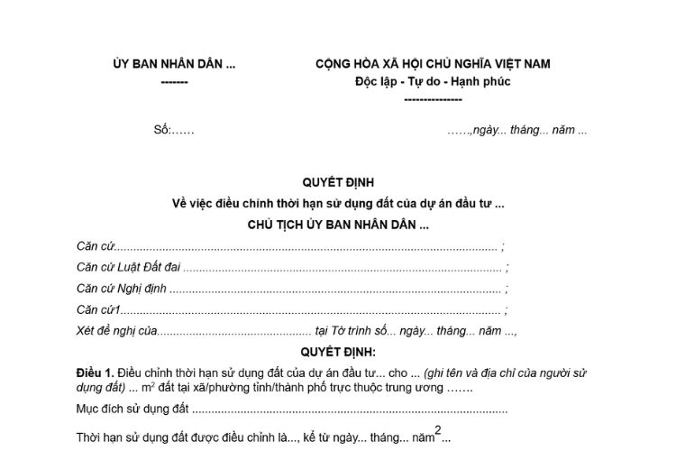 Quyết định điều chỉnh thời hạn sử dụng đất của dự án đầu tư