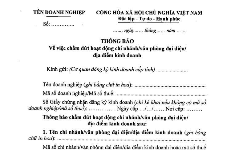Thông báo về việc chấm dứt hoạt động chi nhánh (Mẫu số 28) 1 Mẫu Thông báo về việc chấm dứt hoạt động chi nhánh
