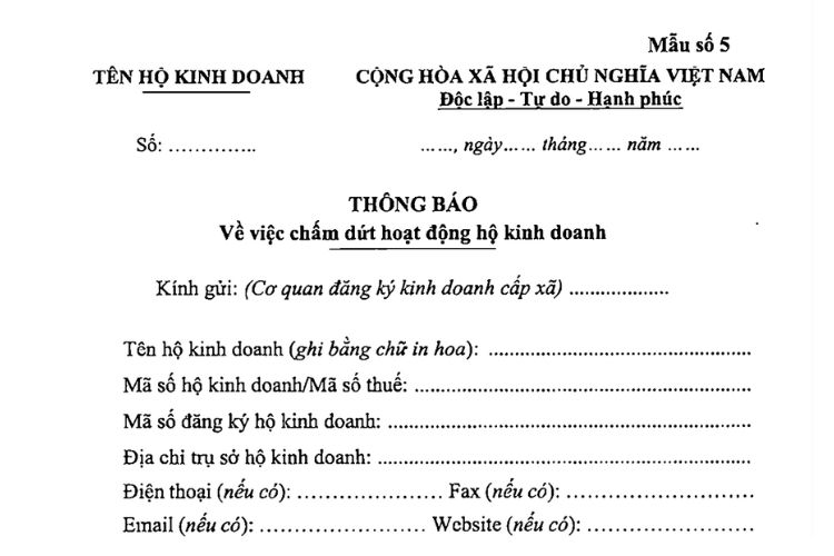 Thông báo về việc chấm dứt hoạt động hộ kinh doanh 1 Thông báo về việc chấm dứt hoạt động hộ kinh doanh