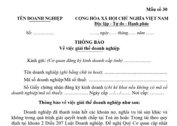 Mẫu Thông báo về việc giải thể doanh nghiệp (Mẫu số 30)