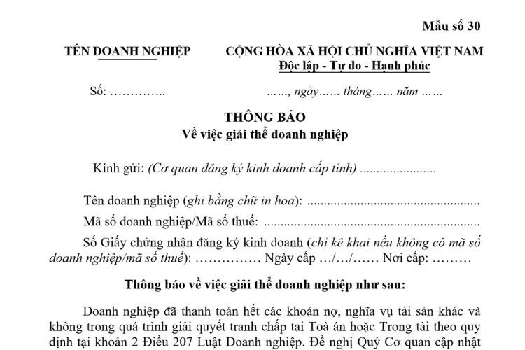 Mẫu Thông báo về việc giải thể doanh nghiệp (Mẫu số 30) 1 Mẫu Thông báo về việc giải thể doanh nghiệp (Mẫu số 30)