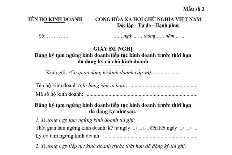 Giấy đề nghị đăng ký tiếp tục kinh doanh trước thời hạn đã thông báo cho hộ kinh doanh (Mẫu số 3) 1 Giấy đề nghị đăng ký tiếp tục kinh doanh trước thời hạn đã thông báo cho hộ kinh doanh (Mẫu số 3)