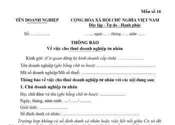 Mẫu Thông báo về việc cho thuê doanh nghiệp tư nhân
