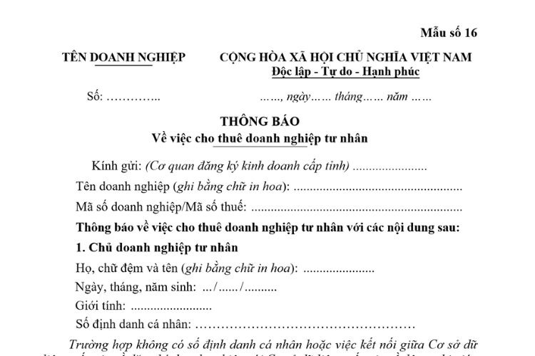 Mẫu Thông báo về việc cho thuê doanh nghiệp tư nhân 1 Mẫu Thông báo về việc cho thuê doanh nghiệp tư nhân