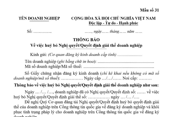 Mẫu Thông báo Về việc huỷ bỏ Nghị Quyết/Quyết định giải thể doanh nghiệp 1 Mẫu Thông báo Về việc huỷ bỏ Nghị Quyết/Quyết định giải thể doanh nghiệp