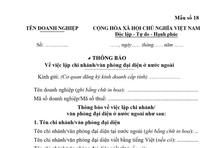 Mẫu Thông báo về việc lập chi nhánh/văn phòng đại diện ở nước ngoài 1 Mẫu Thông báo về việc lập chi nhánh/văn phòng đại diện ở nước ngoài