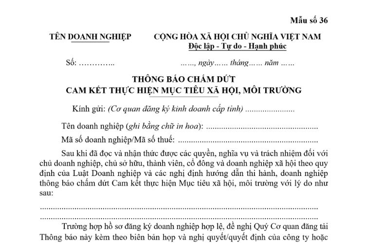 Thông báo chấm dứt cam kết thực hiện mục tiêu xã hội, môi trường 1 Thông báo chấm dứt cam kết thực hiện mục tiêu xã hội, môi trường