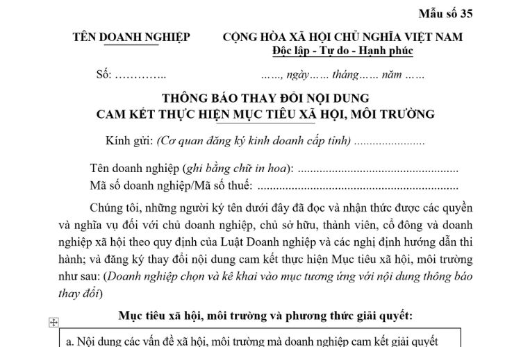 Thông báo thay đổi nội dung cam kết thực hiện mục tiêu xã hội, môi trường 1 Thông báo thay đổi nội dung cam kết thực hiện mục tiêu xã hội, môi trường