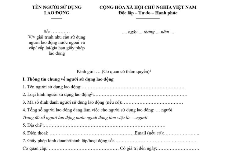 Văn bản báo cáo giải trình nhu cầu sử dụng lao động nước ngoài và đề nghị cấp giấy phép lao động 1 Văn bản báo cáo giải trình nhu cầu sử dụng lao động nước ngoài và đề nghị cấp giấy phép lao động