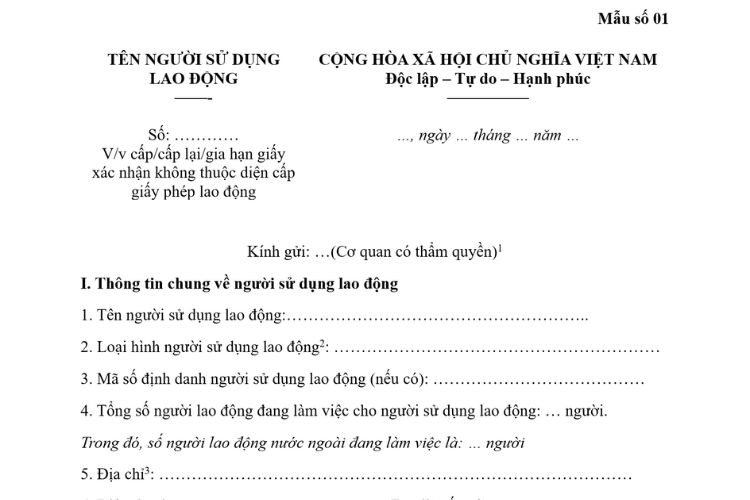 Văn bản đề nghị cấp giấy xác nhận không thuộc diện cấp giấy phép lao động 1 Văn bản đề nghị cấp giấy xác nhận không thuộc diện cấp giấy phép lao động