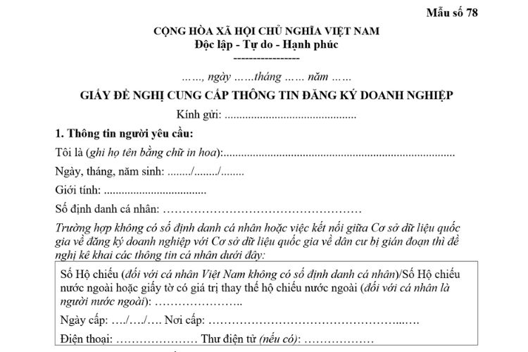 Giấy đề nghị cung cấp thông tin đăng ký doanh nghiệp 1 Giấy đề nghị cung cấp thông tin đăng ký doanh nghiệp