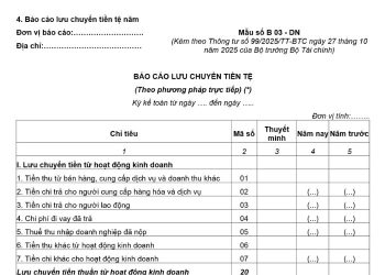 Báo cáo lưu chuyển tiền tệ trực tiếp (Mẫu số B 03 - DN) theo thông tư 99