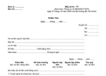Mẫu Phiếu thu theo Thông tư 99/2025/TT-BTC 1 Mẫu Phiếu thu theo Thông tư 99/2025/TT-BTC