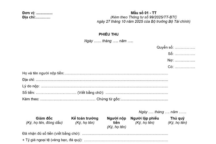Mẫu Phiếu thu theo Thông tư 99/2025/TT-BTC 1 Mẫu Phiếu thu theo Thông tư 99/2025/TT-BTC