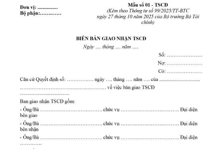 Mẫu Biên bản giao nhận TSCĐ theo Thông tư 99 (Mẫu số 01 - TSCĐ)